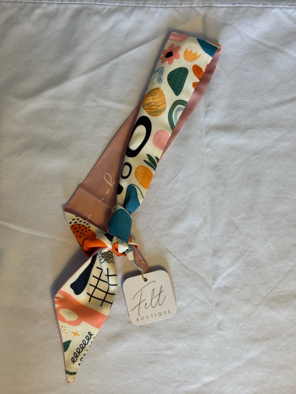 New Multicolor Patterned Silk Twilly Scarf - Pink Accents